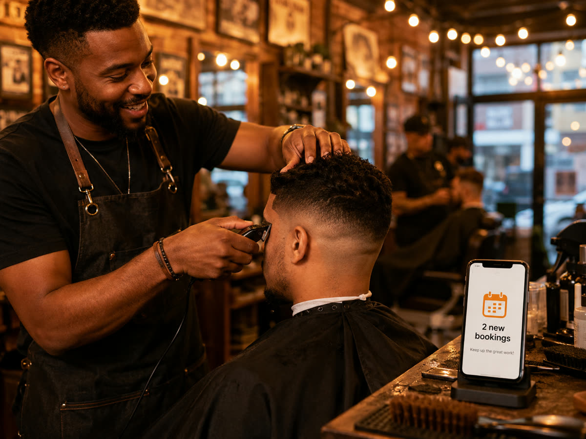 A barber finishing a cut while bookings arrive on the counter phone