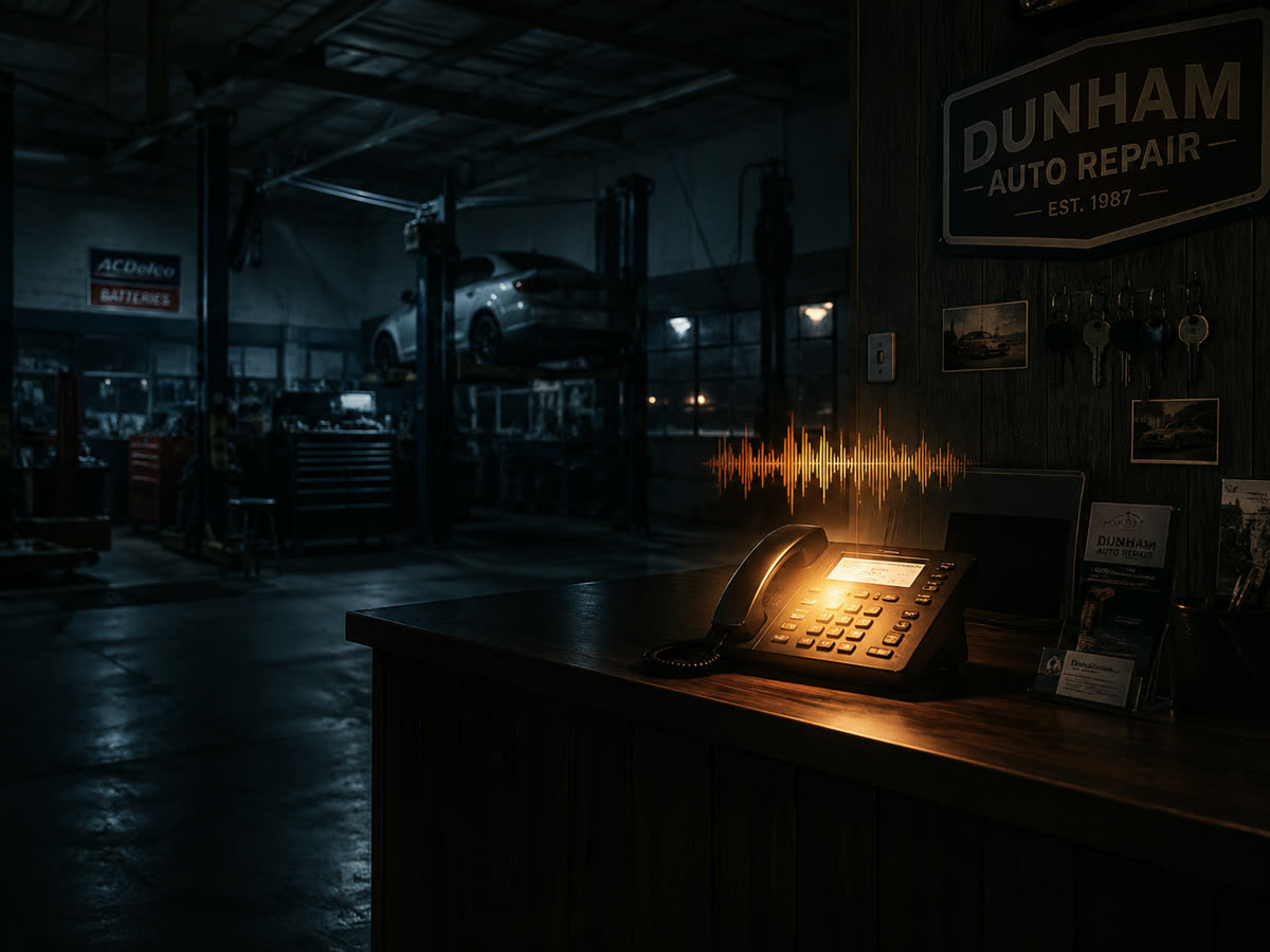 A closed shop at night with the phone answering itself