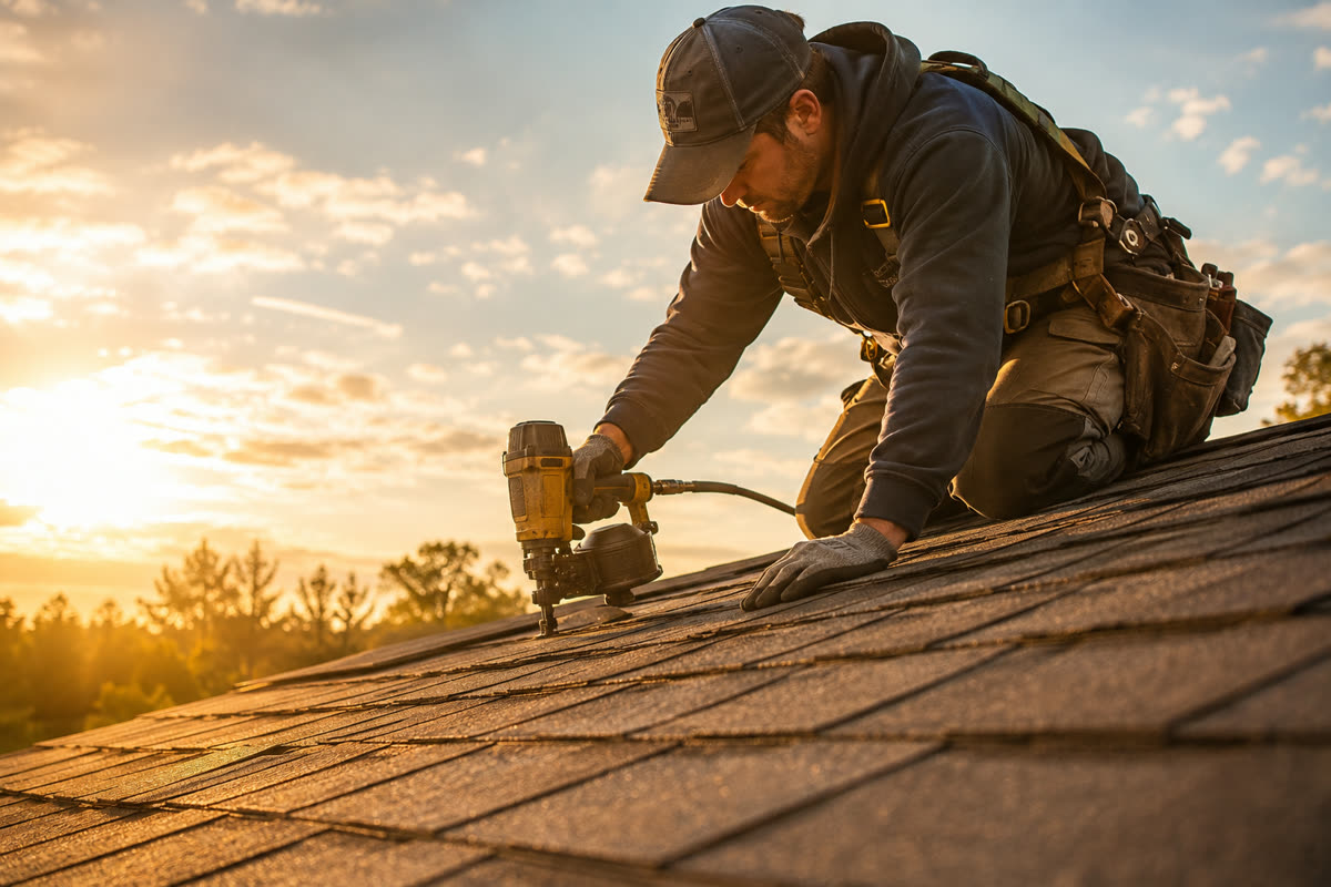 Roofer at work on a shingle roof